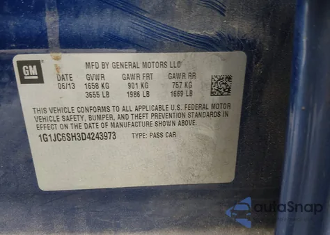 2013 Chevrolet Sonic Lt Auto from USA, damaged, VIN 1G1JC6SH3D4243973